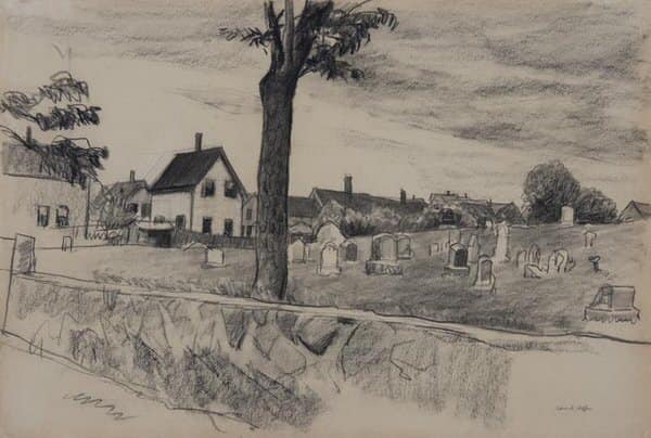 Edward Hopper Sketch in Conte Crayon of a New England Cemetary Behing a Stone Wall.